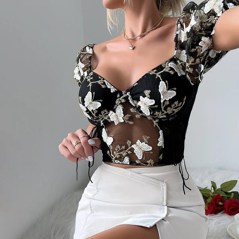 Top boho de decote em v floral com manga puff