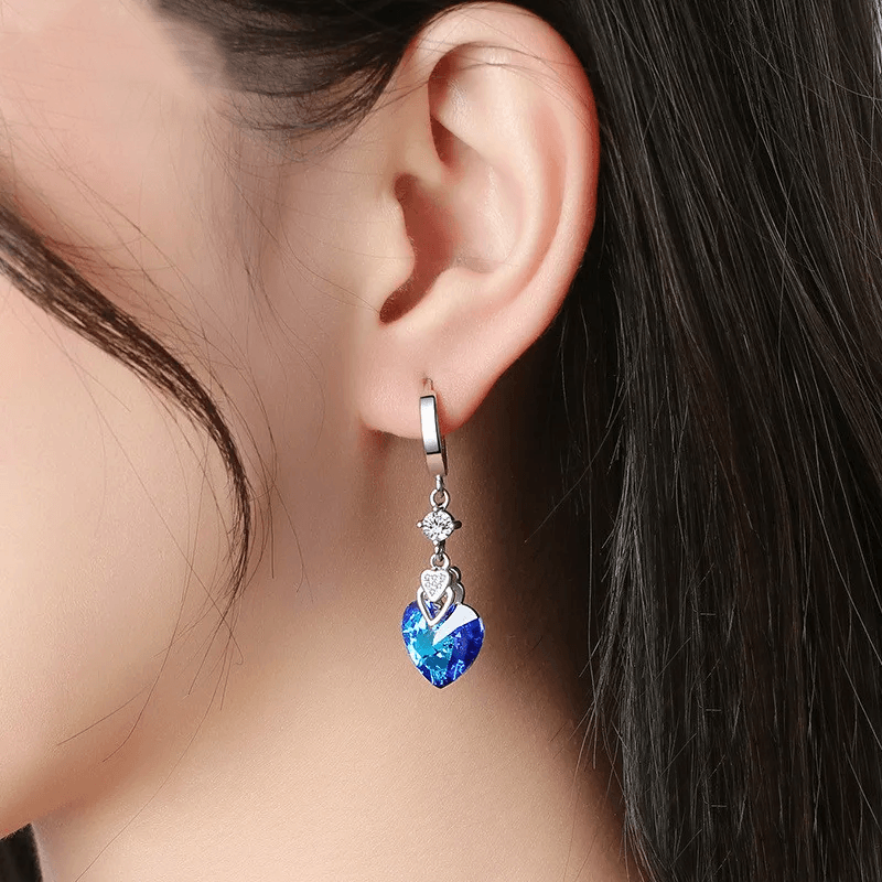 Brincos de prata esterlina 925 cristal azul em forma de coração zircão