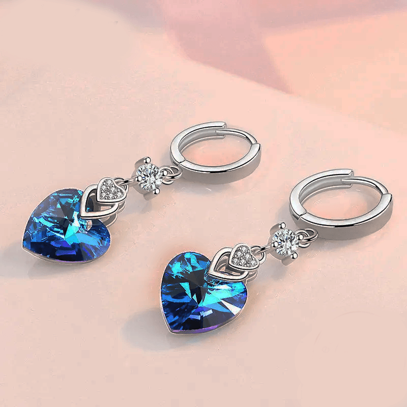 Brincos de prata esterlina 925 cristal azul em forma de coração zircão