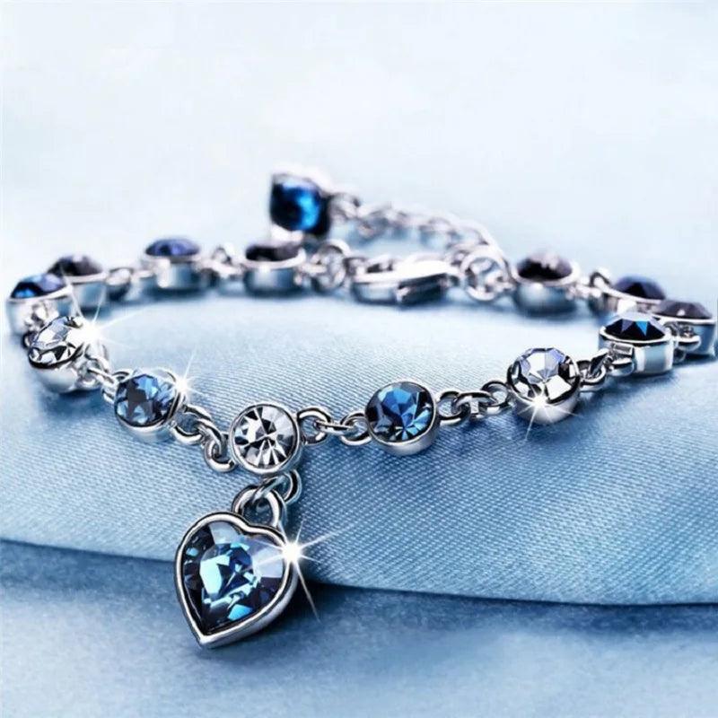 Pulseira pingente cristal azul brilhante Coração