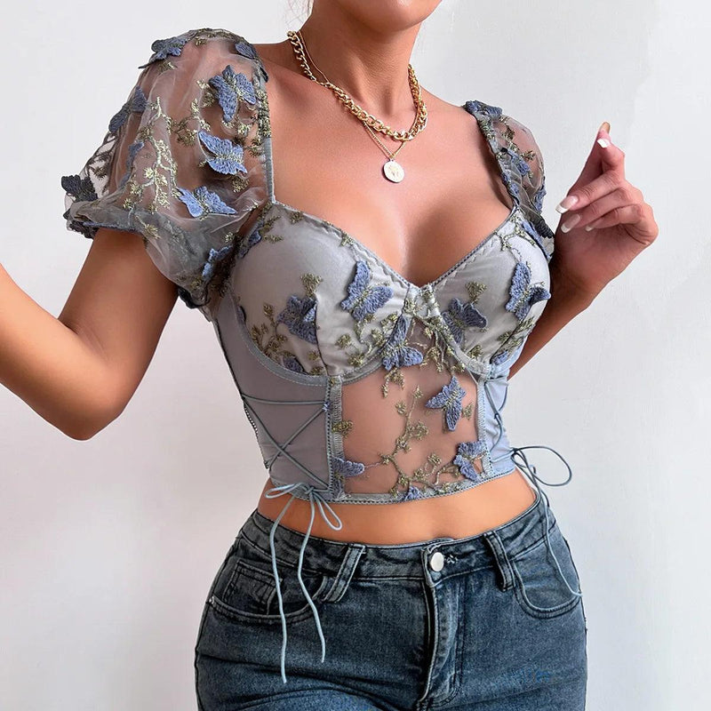 Top boho de decote em v floral com manga puff