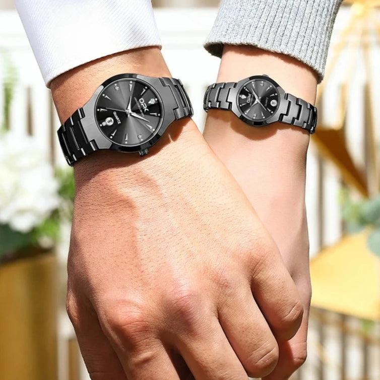 Relógio Quartzo casal Masculino e Feminino, Pulseira em Aço Tungstênio